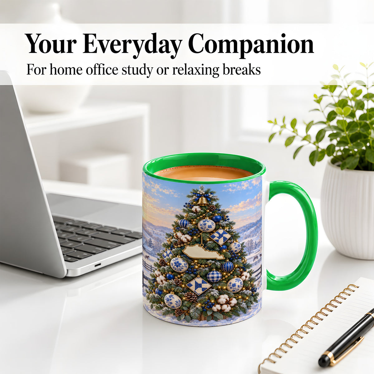 #pl[11oz|Green] Blue White Christmas Tree Ceramic Mug, Rustic Country Holiday Art