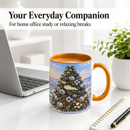 #pl[11oz|Orange] Blue White Christmas Tree Ceramic Mug, Rustic Country Holiday Art