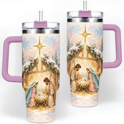 #pl[40oz|Pink] Christmas Nativity Scene Handled Tumbler, 40oz Religious Drinkware