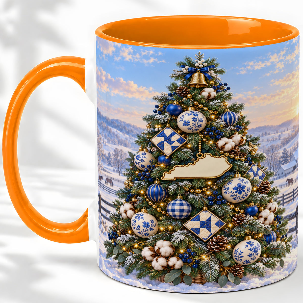 #pl[11oz|Orange] Blue White Christmas Tree Ceramic Mug, Rustic Country Holiday Art