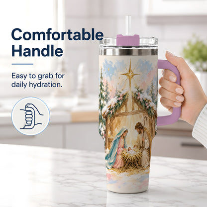 #pl[40oz|Pink] Christmas Nativity Scene Handled Tumbler, 40oz Religious Drinkware