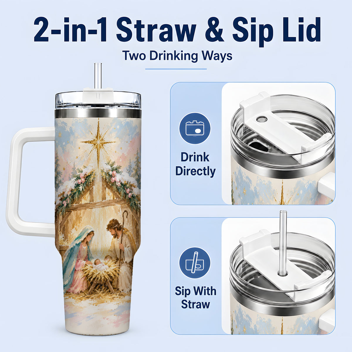 #pl[40oz|White] Christmas Nativity Scene Handled Tumbler, 40oz Religious Drinkware