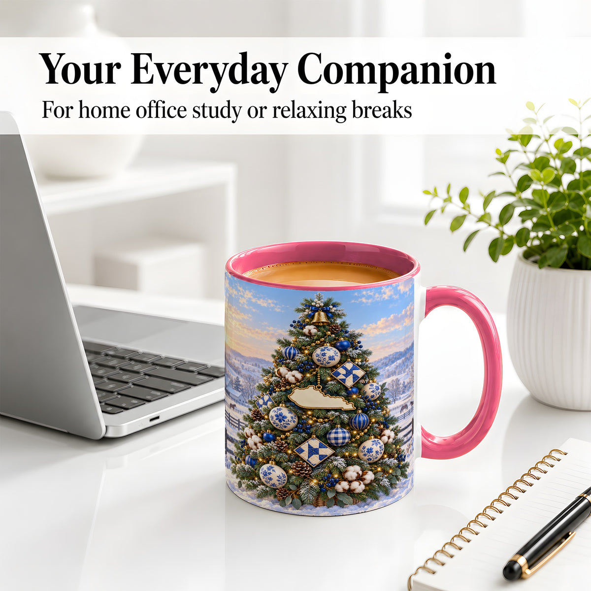 #pl[11oz|Pink] Blue White Christmas Tree Ceramic Mug, Rustic Country Holiday Art