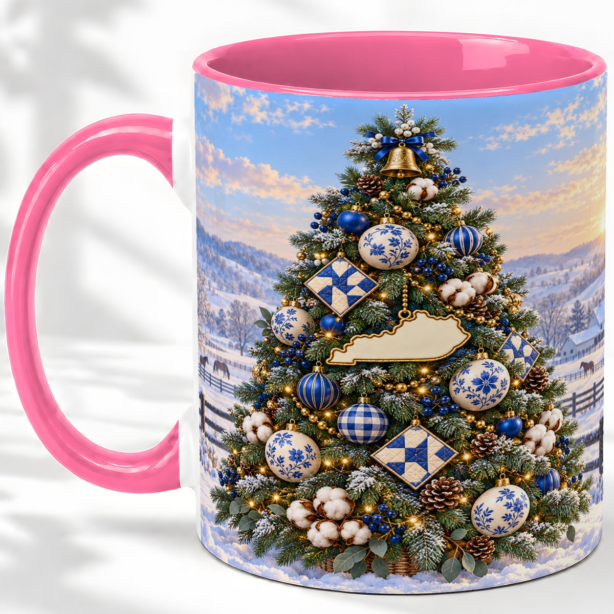 #pl[11oz|Pink] Blue White Christmas Tree Ceramic Mug, Rustic Country Holiday Art