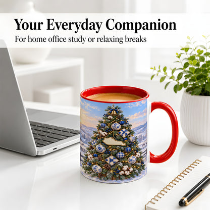 #pl[11oz|Red] Blue White Christmas Tree Ceramic Mug, Rustic Country Holiday Art