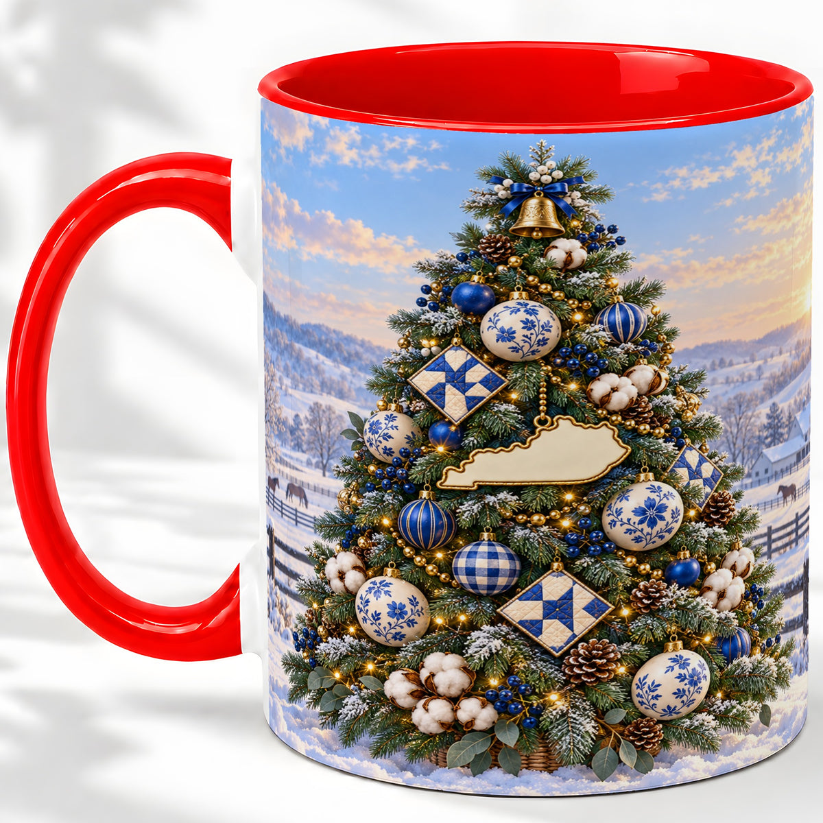 Blue White Christmas Tree Ceramic Mug, Rustic Country Holiday Art