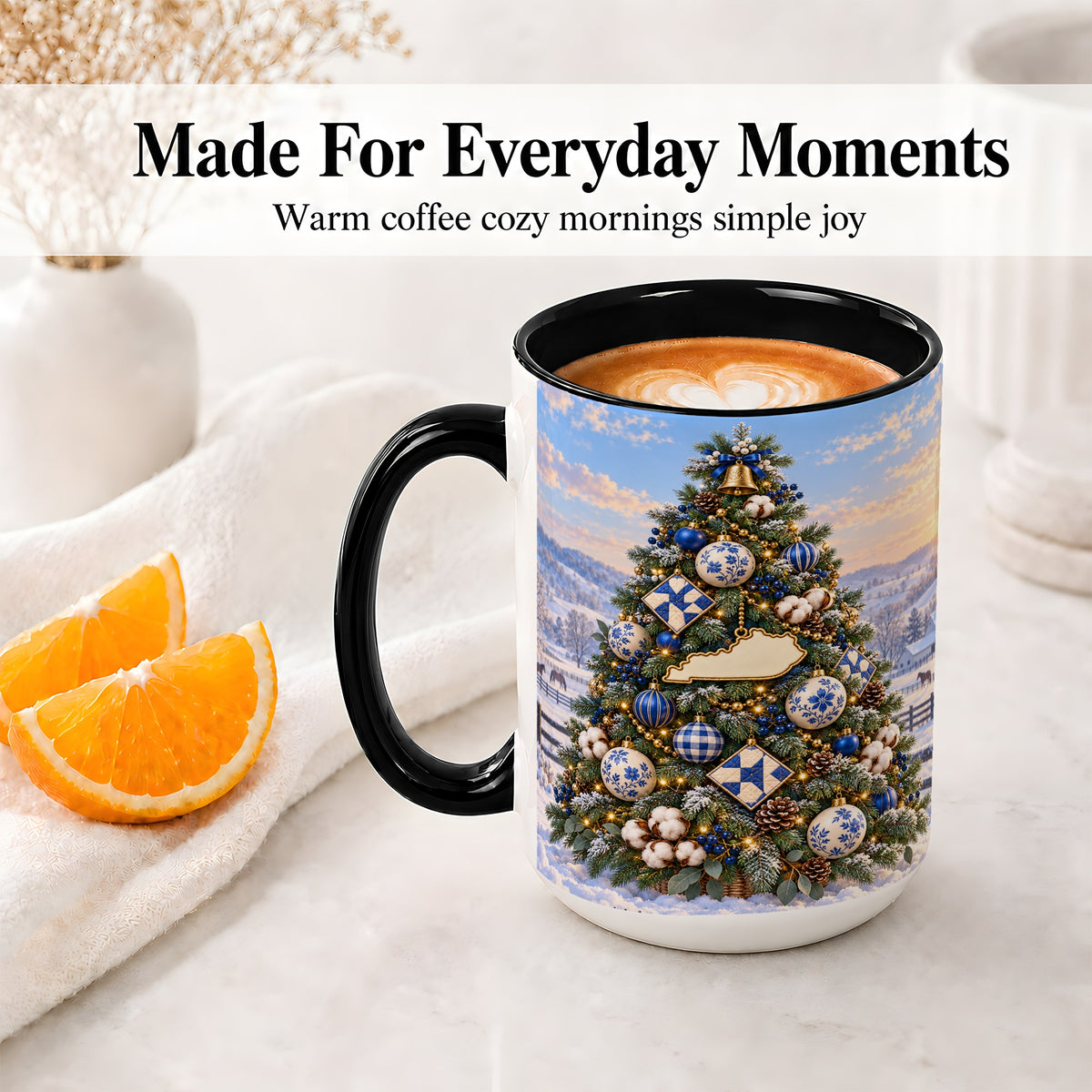 #pl[15oz|Black] Blue White Christmas Tree Ceramic Mug, Rustic Country Holiday Art
