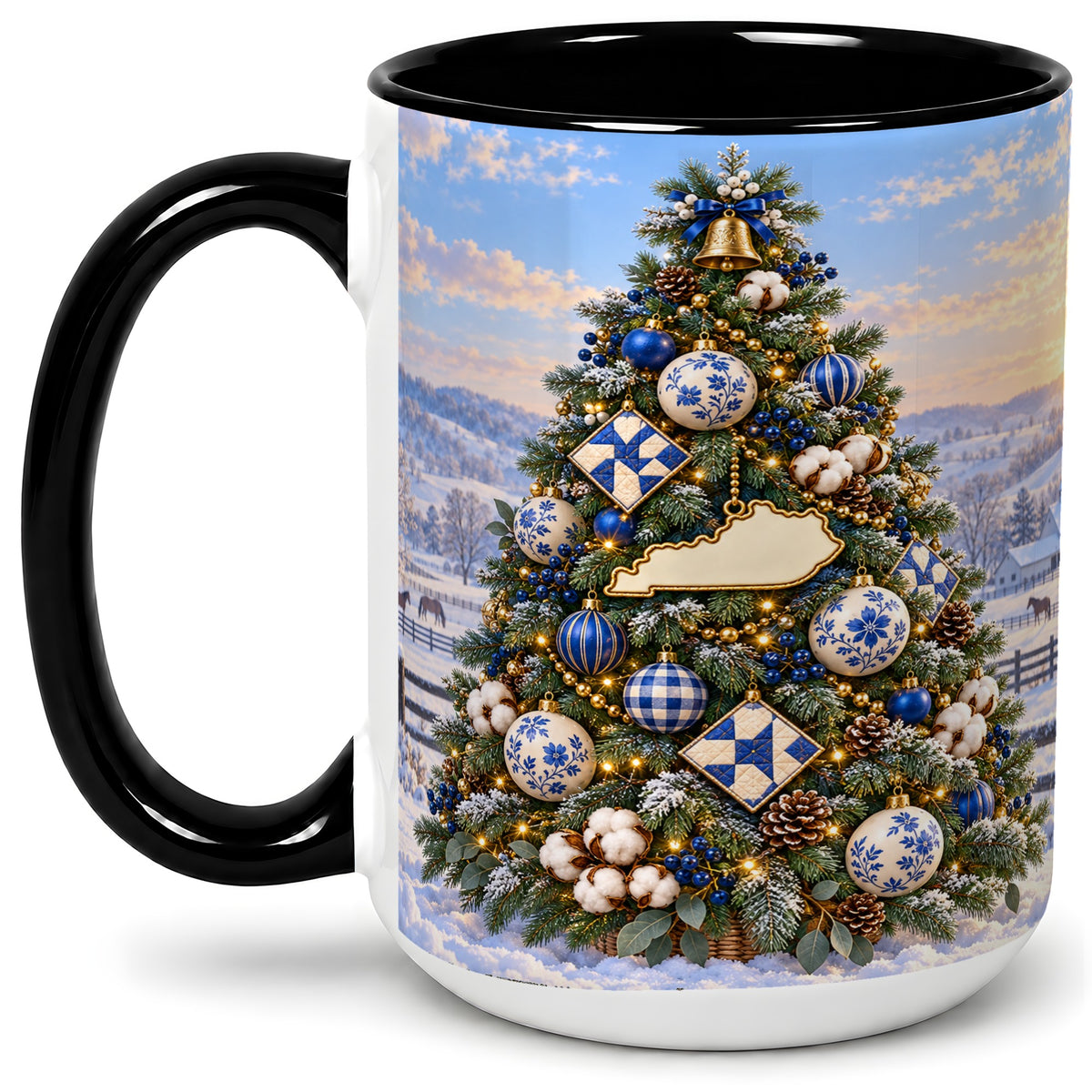 #pl[15oz|Black] Blue White Christmas Tree Ceramic Mug, Rustic Country Holiday Art