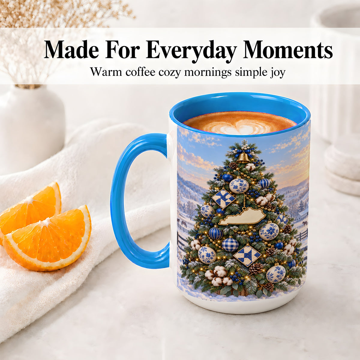 #pl[15oz|Blue] Blue White Christmas Tree Ceramic Mug, Rustic Country Holiday Art