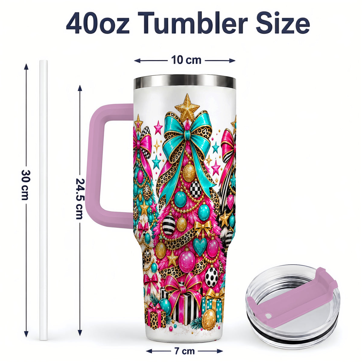#pl[40oz|Pink] Colorful Christmas Trees Handled Tumbler, 40oz Festive Drinkware