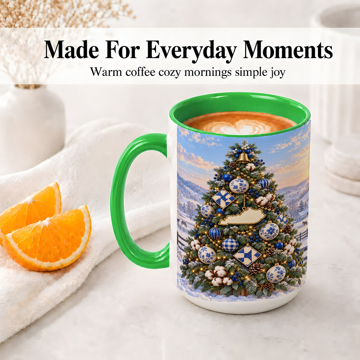 #pl[15oz|Green] Blue White Christmas Tree Ceramic Mug, Rustic Country Holiday Art