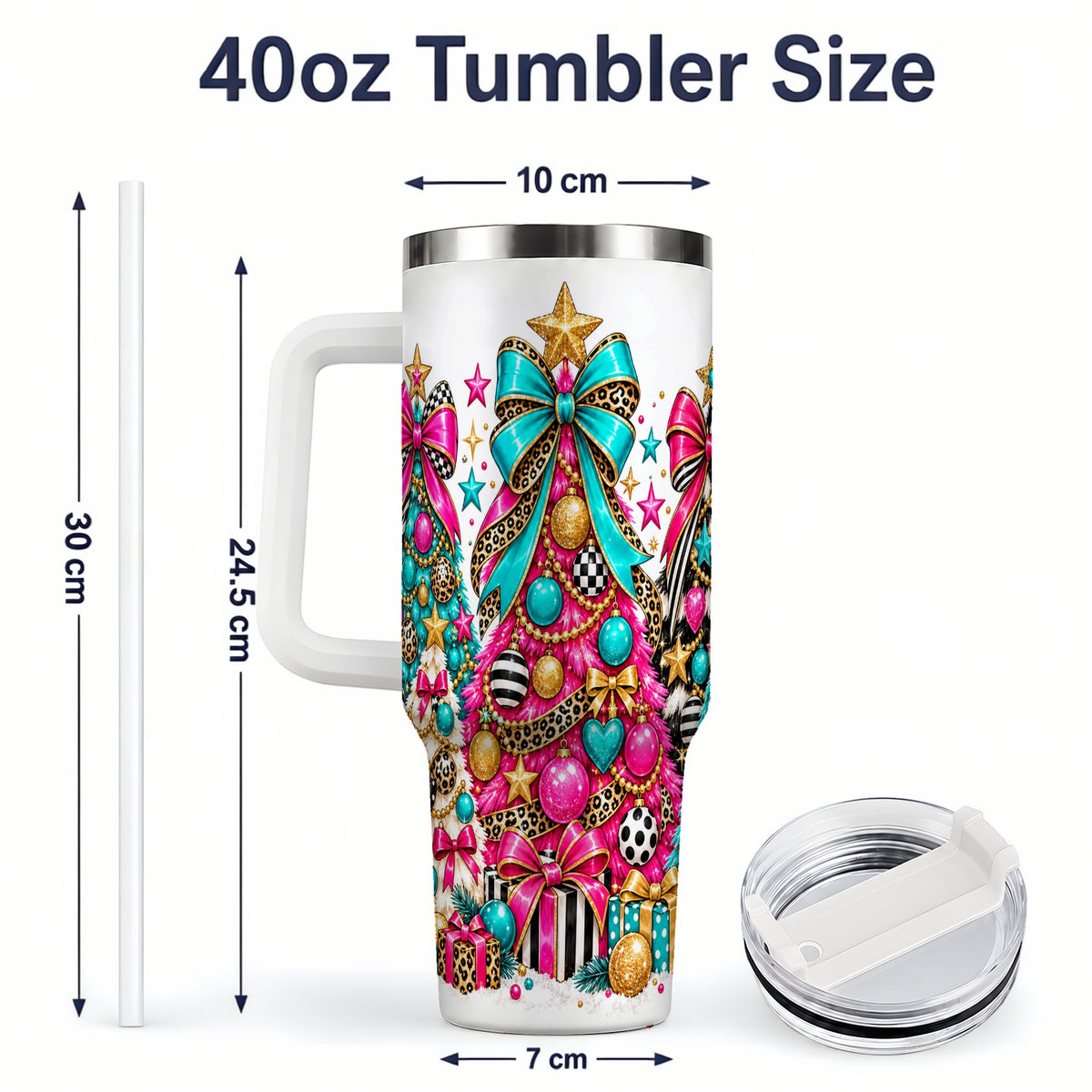 #pl[40oz|White] Colorful Christmas Trees Handled Tumbler, 40oz Festive Drinkware