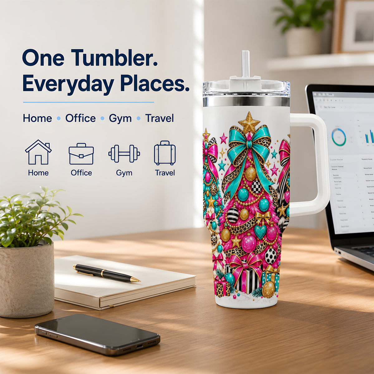 Colorful Christmas Trees Handled Tumbler, 40oz Festive Drinkware