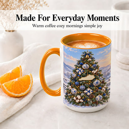 #pl[15oz|Orange] Blue White Christmas Tree Ceramic Mug, Rustic Country Holiday Art