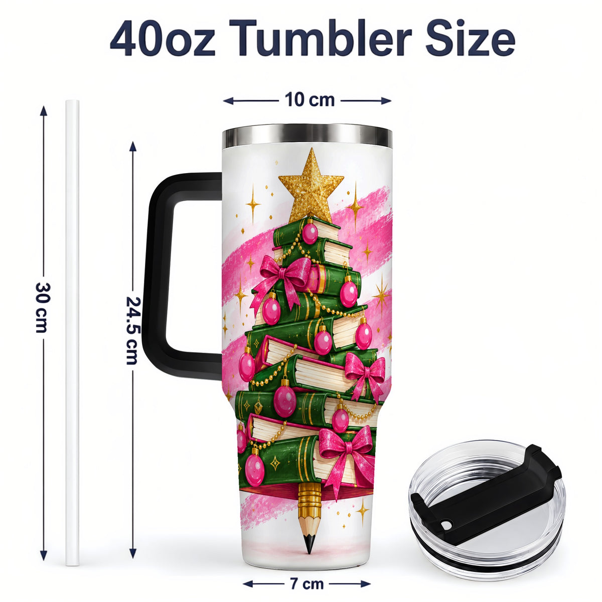 #pl[40oz|Black] Christmas Book Tree Handled Tumbler, 40oz Drinkware for Readers