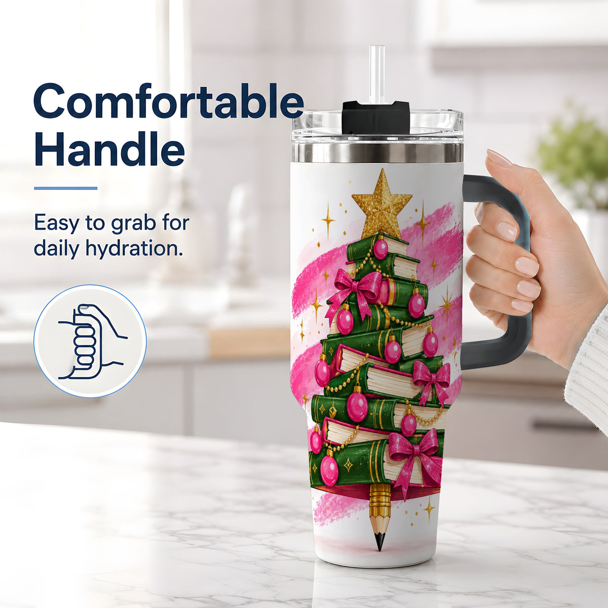 #pl[40oz|Black] Christmas Book Tree Handled Tumbler, 40oz Drinkware for Readers