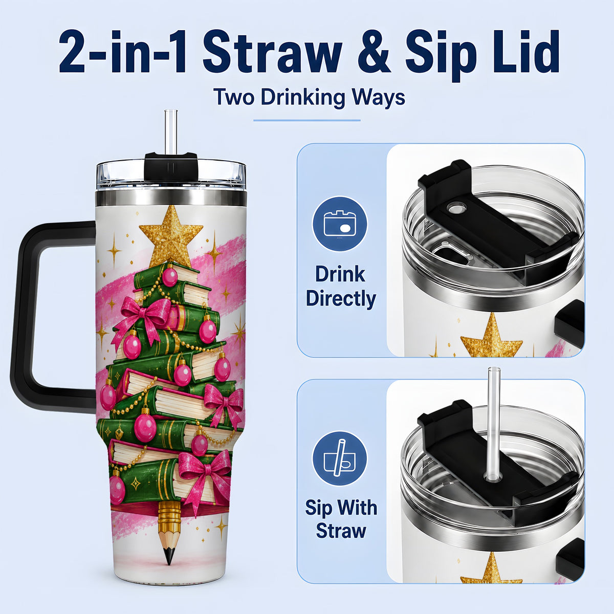 #pl[40oz|Black] Christmas Book Tree Handled Tumbler, 40oz Drinkware for Readers