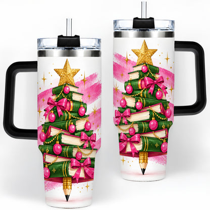 #pl[40oz|Black] Christmas Book Tree Handled Tumbler, 40oz Drinkware for Readers