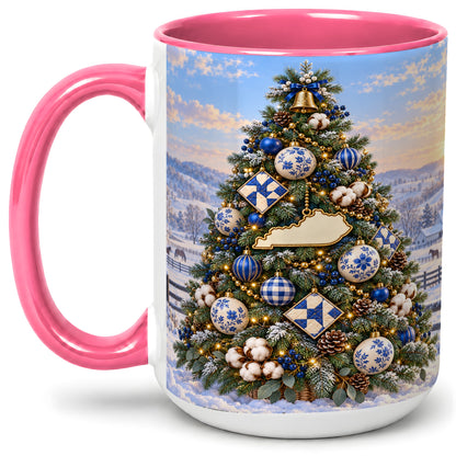 #pl[15oz|Pink] Blue White Christmas Tree Ceramic Mug, Rustic Country Holiday Art