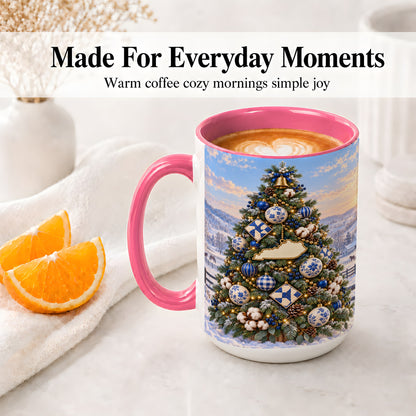 #pl[15oz|Pink] Blue White Christmas Tree Ceramic Mug, Rustic Country Holiday Art