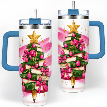 #pl[40oz|Blue] Christmas Book Tree Handled Tumbler, 40oz Drinkware for Readers