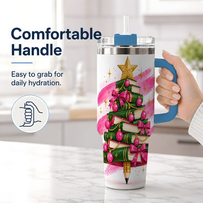 #pl[40oz|Blue] Christmas Book Tree Handled Tumbler, 40oz Drinkware for Readers