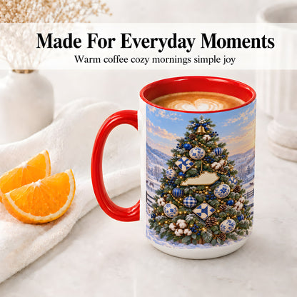 #pl[15oz|Red] Blue White Christmas Tree Ceramic Mug, Rustic Country Holiday Art