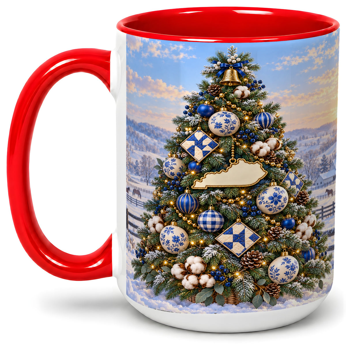 #pl[15oz|Red] Blue White Christmas Tree Ceramic Mug, Rustic Country Holiday Art