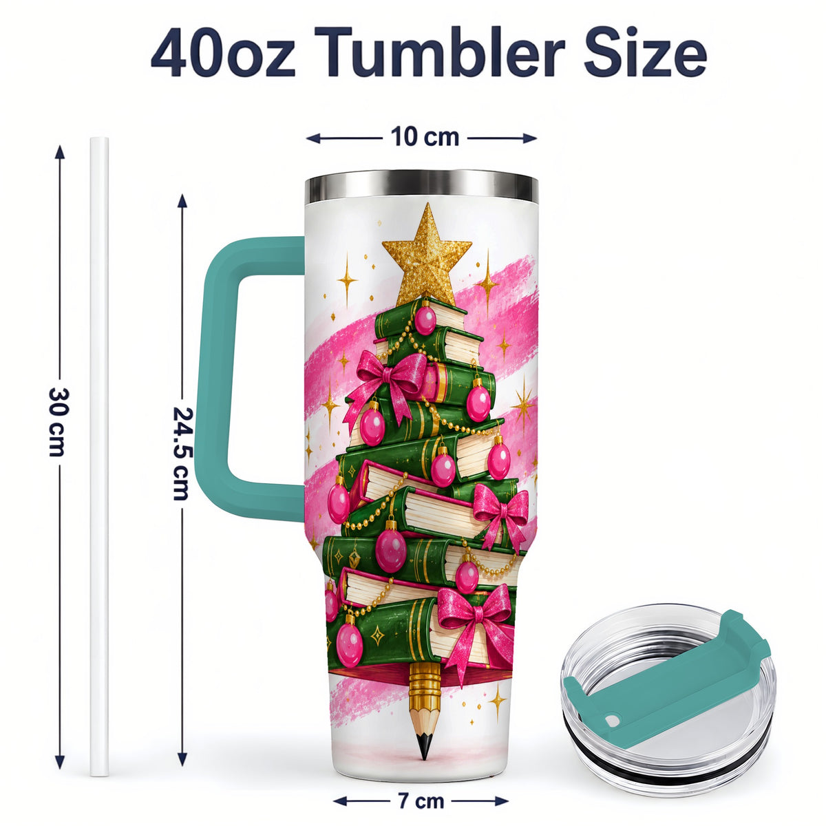 #pl[40oz|Green] Christmas Book Tree Handled Tumbler, 40oz Drinkware for Readers