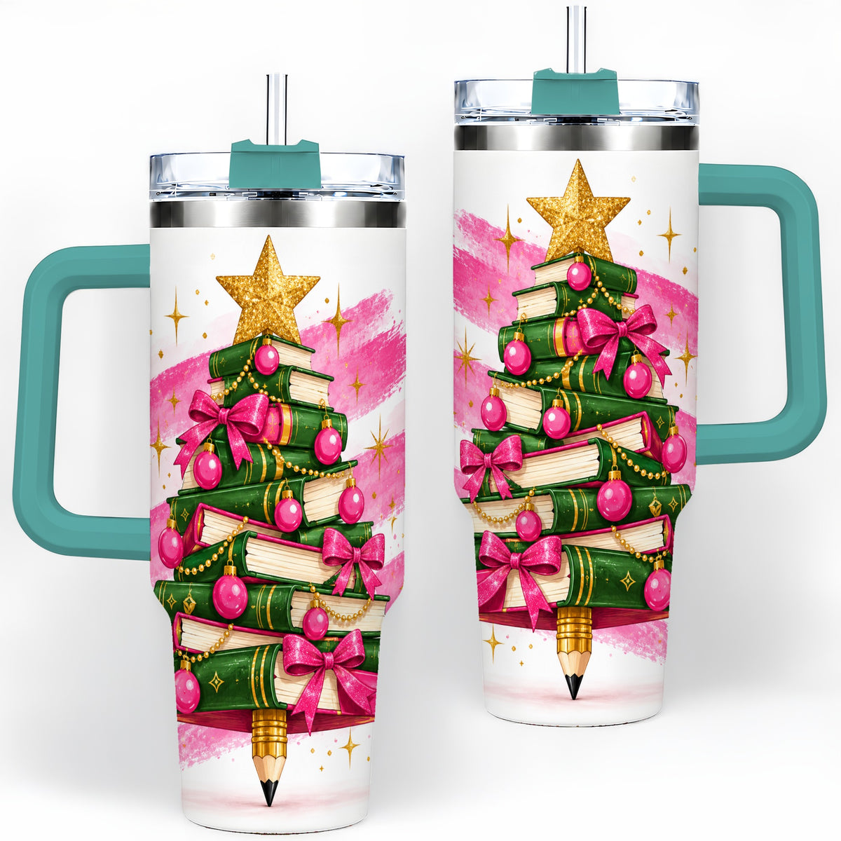 #pl[40oz|Green] Christmas Book Tree Handled Tumbler, 40oz Drinkware for Readers