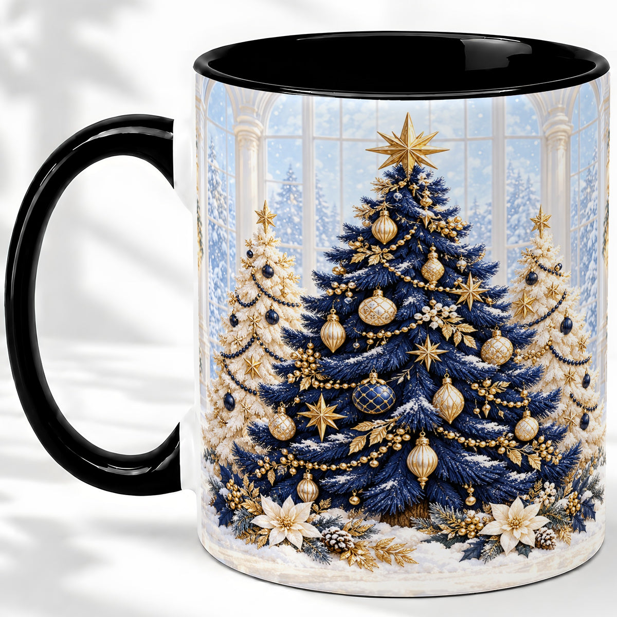 #pl[11oz|Black] Navy Blue Christmas Trees Accent Mug, Ceramic Holiday Coffee Cup