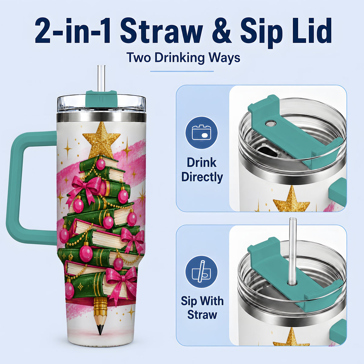 #pl[40oz|Green] Christmas Book Tree Handled Tumbler, 40oz Drinkware for Readers