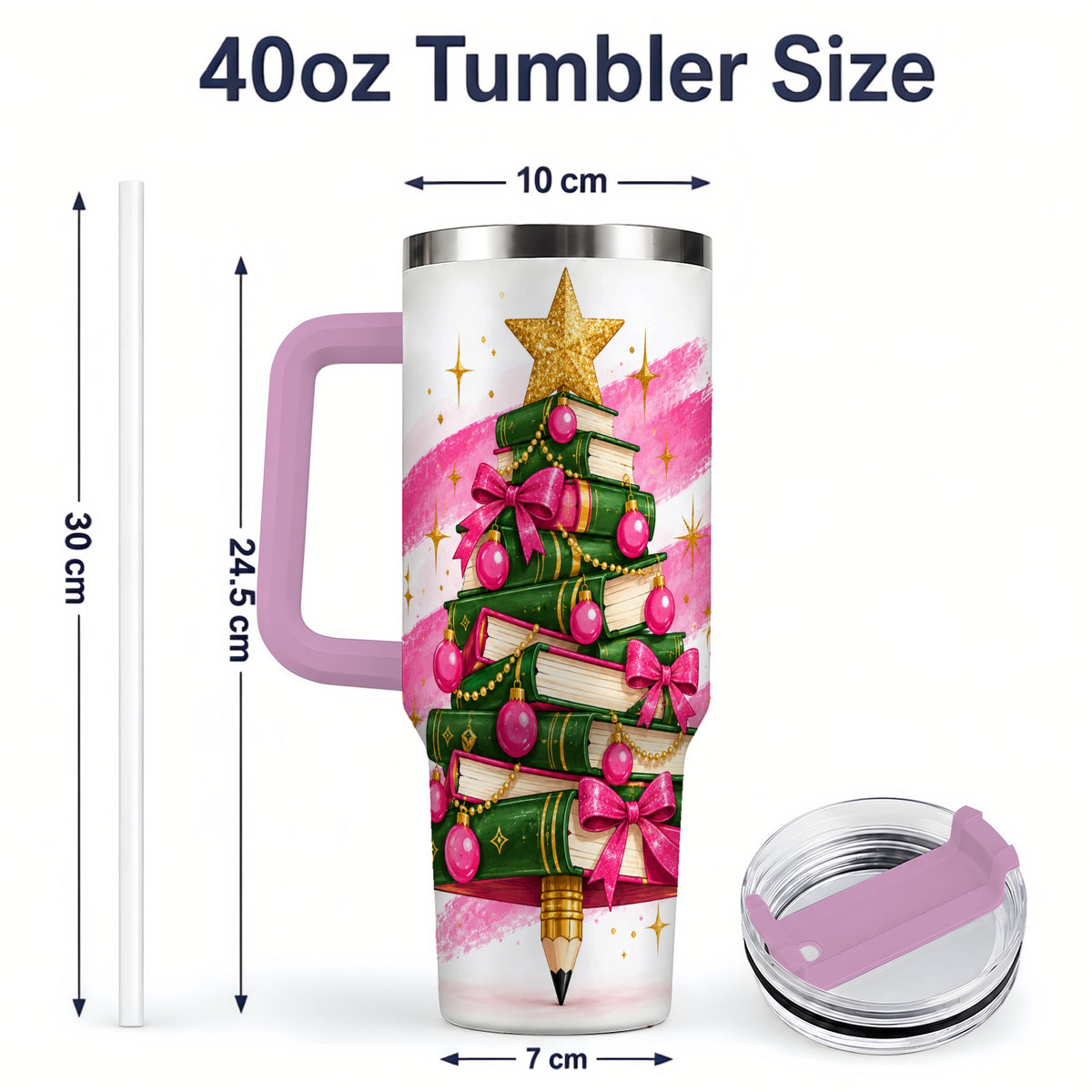 #pl[40oz|Pink] Christmas Book Tree Handled Tumbler, 40oz Drinkware for Readers