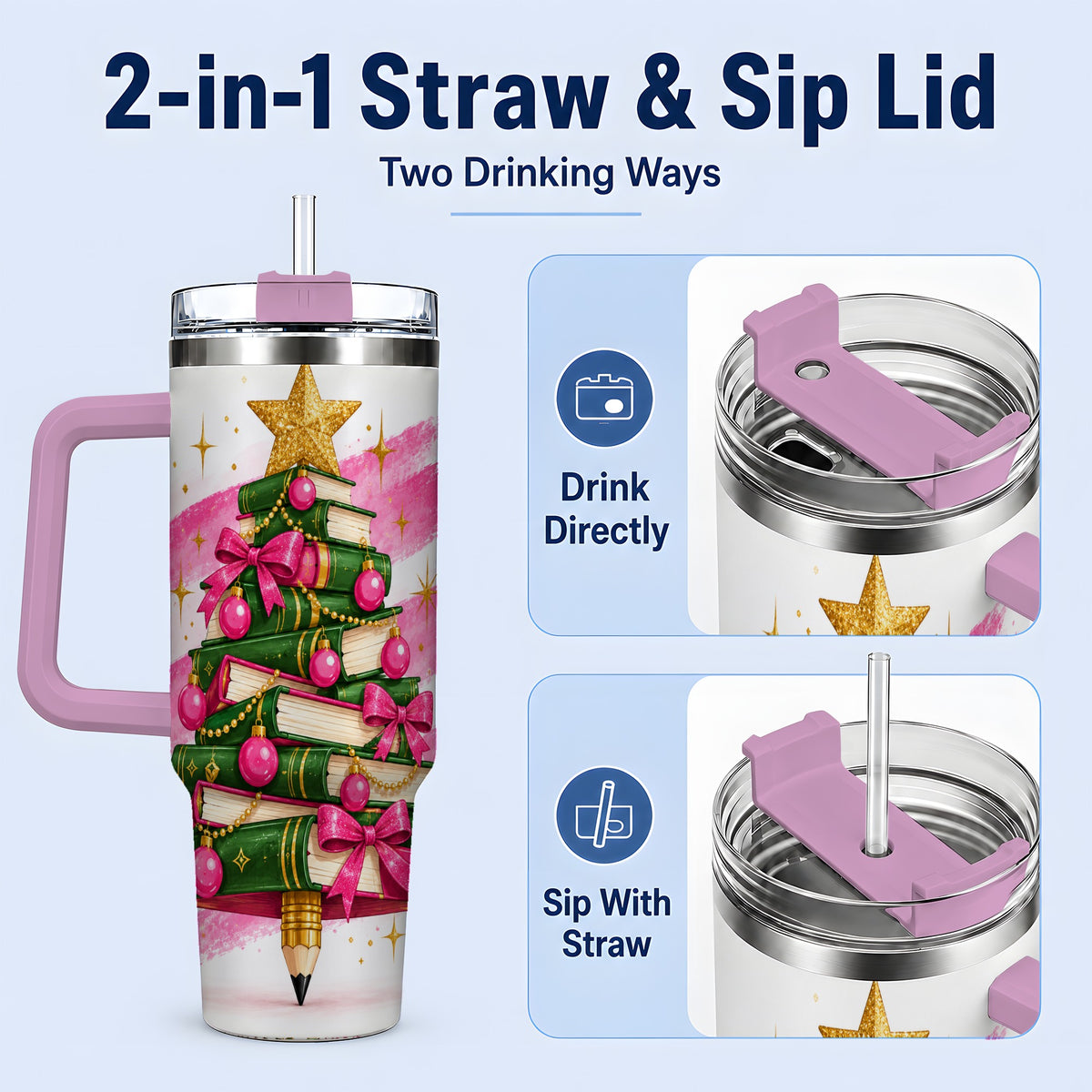 #pl[40oz|Pink] Christmas Book Tree Handled Tumbler, 40oz Drinkware for Readers