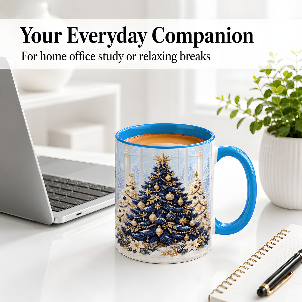 #pl[11oz|Blue] Navy Blue Christmas Trees Accent Mug, Ceramic Holiday Coffee Cup