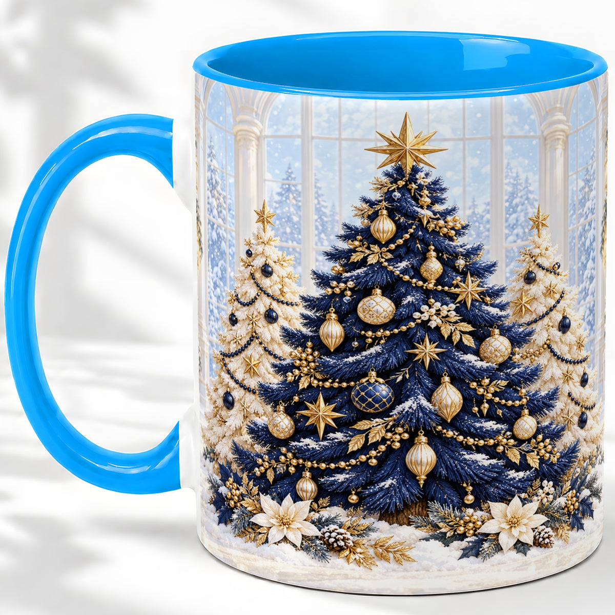 #pl[11oz|Blue] Navy Blue Christmas Trees Accent Mug, Ceramic Holiday Coffee Cup