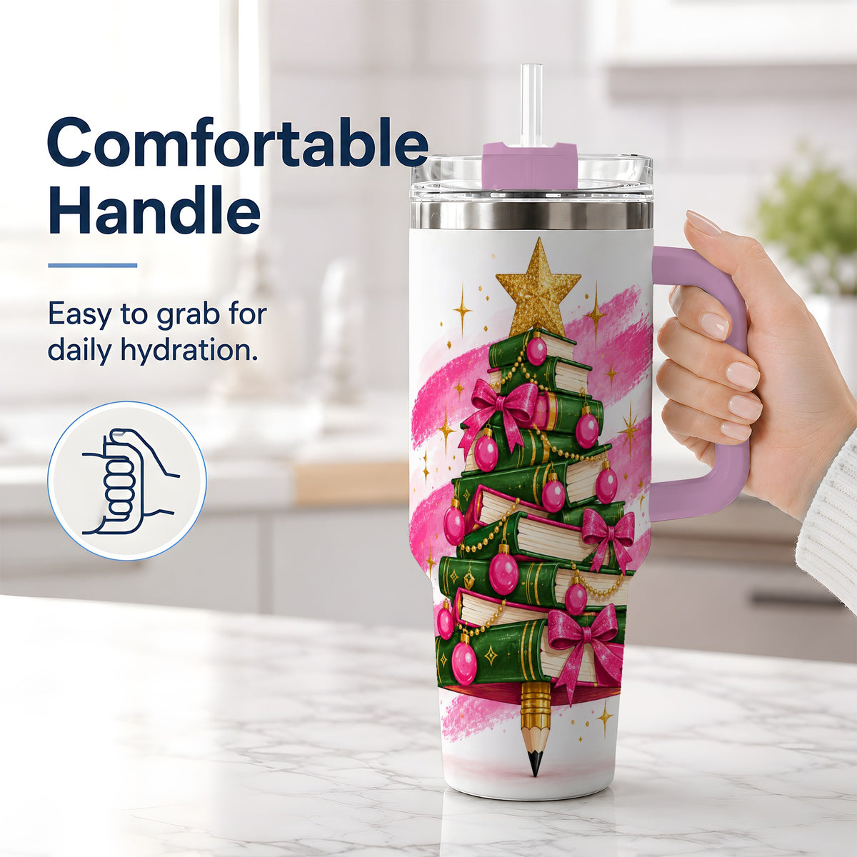 #pl[40oz|Pink] Christmas Book Tree Handled Tumbler, 40oz Drinkware for Readers