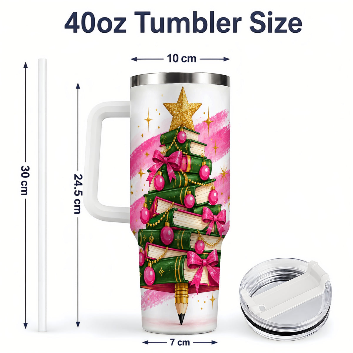 #pl[40oz|White] Christmas Book Tree Handled Tumbler, 40oz Drinkware for Readers