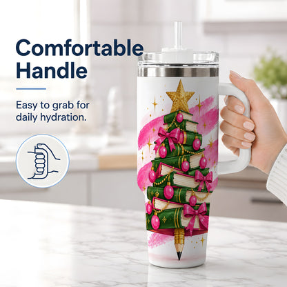 #pl[40oz|White] Christmas Book Tree Handled Tumbler, 40oz Drinkware for Readers