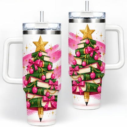 Christmas Book Tree Handled Tumbler, 40oz Drinkware for Readers