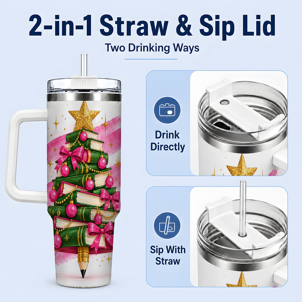 #pl[40oz|White] Christmas Book Tree Handled Tumbler, 40oz Drinkware for Readers