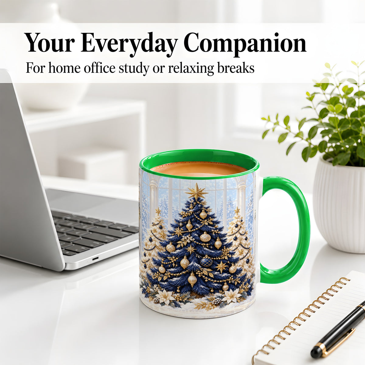 #pl[11oz|Green] Navy Blue Christmas Trees Accent Mug, Ceramic Holiday Coffee Cup