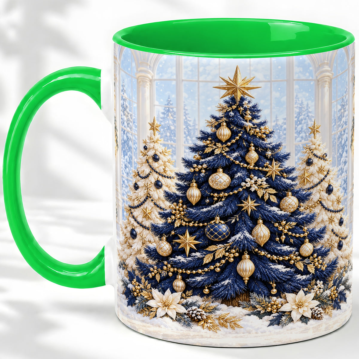 #pl[11oz|Green] Navy Blue Christmas Trees Accent Mug, Ceramic Holiday Coffee Cup