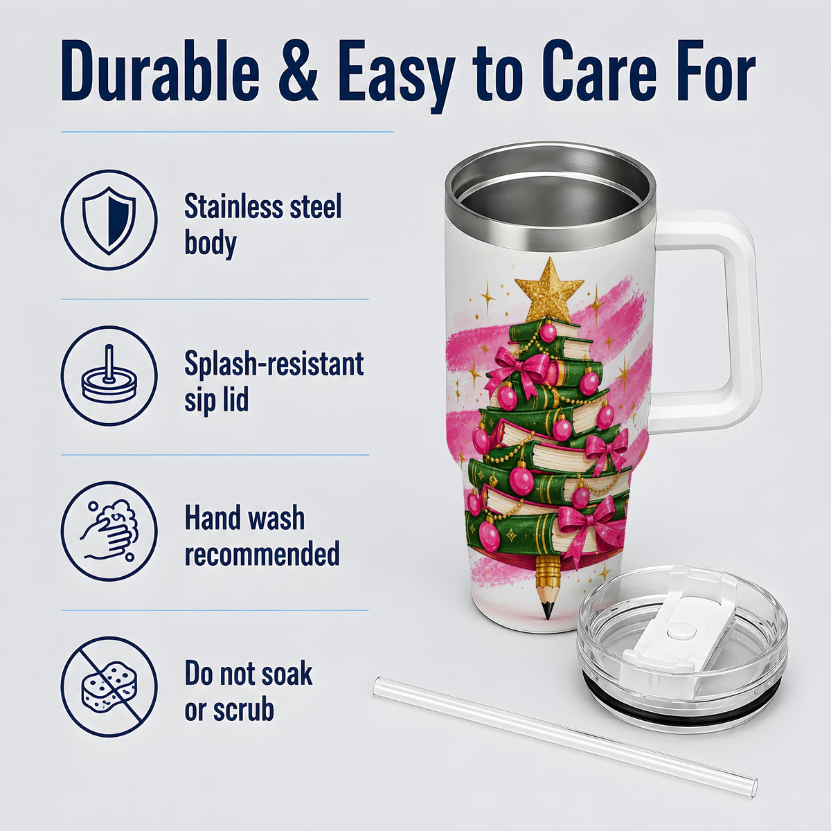 Christmas Book Tree Handled Tumbler, 40oz Drinkware for Readers