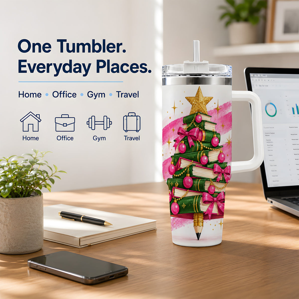 Christmas Book Tree Handled Tumbler, 40oz Drinkware for Readers