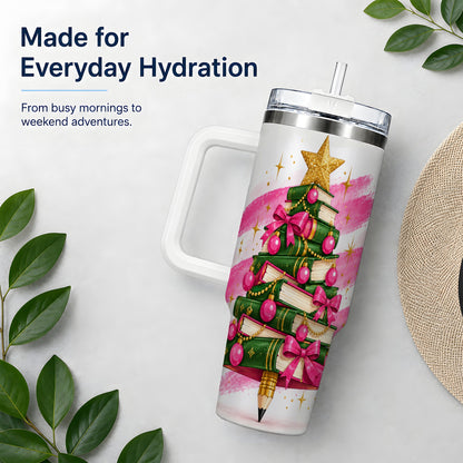 Christmas Book Tree Handled Tumbler, 40oz Drinkware for Readers