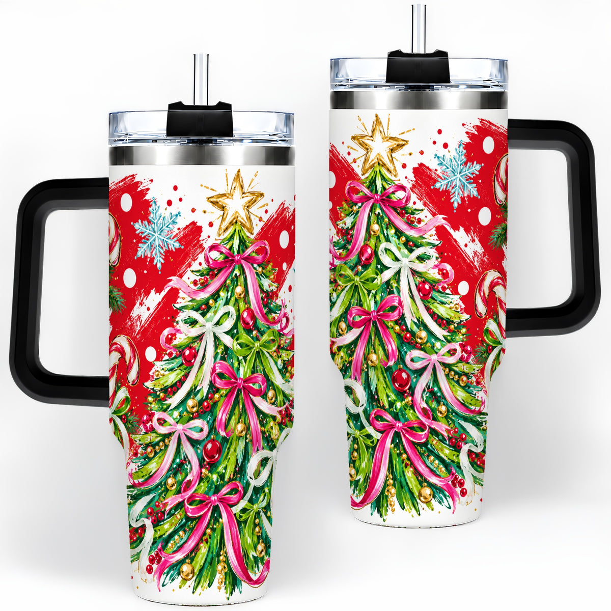 #pl[40oz|Black] Pink Bow Christmas Tree Handled Tumbler, 40oz Festive Drinkware