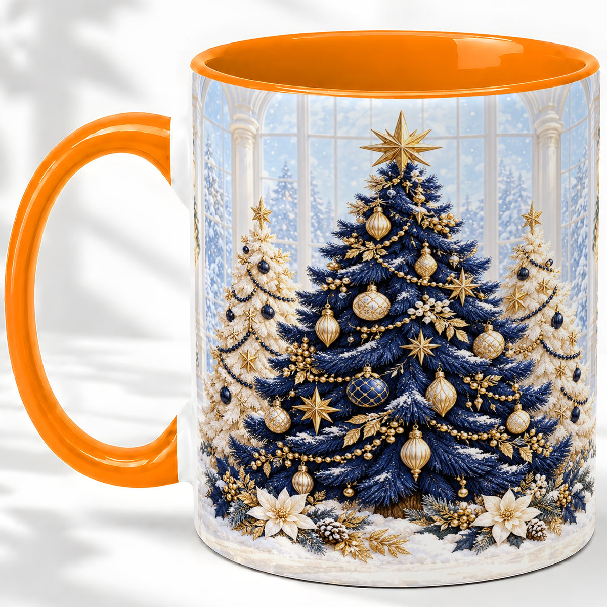 #pl[11oz|Orange] Navy Blue Christmas Trees Accent Mug, Ceramic Holiday Coffee Cup
