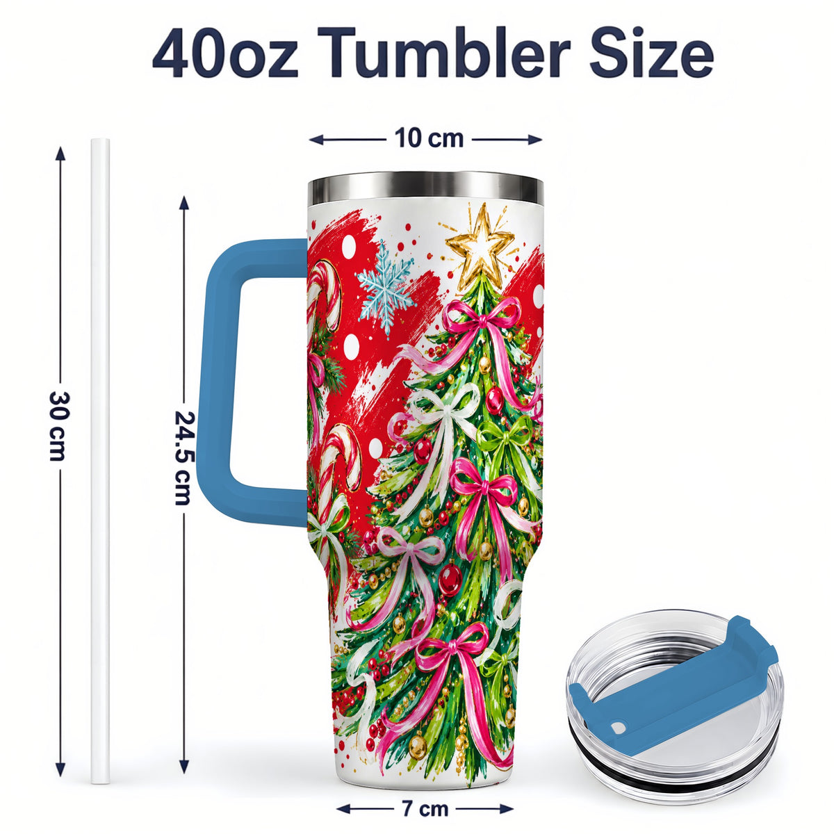 #pl[40oz|Blue] Pink Bow Christmas Tree Handled Tumbler, 40oz Festive Drinkware