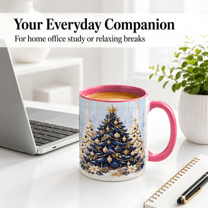 #pl[11oz|Pink] Navy Blue Christmas Trees Accent Mug, Ceramic Holiday Coffee Cup